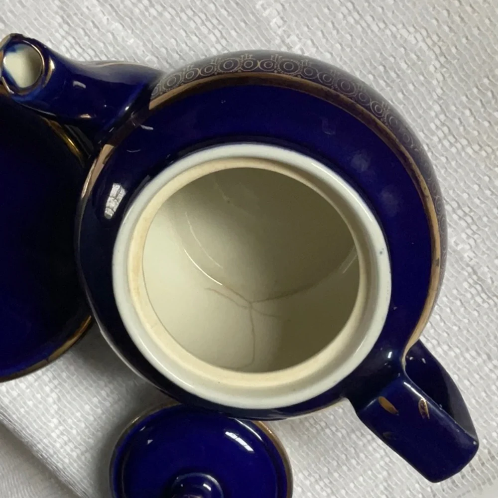 Vintage Hall’s China Cobalt and Gold Teapot and Trivet Boston